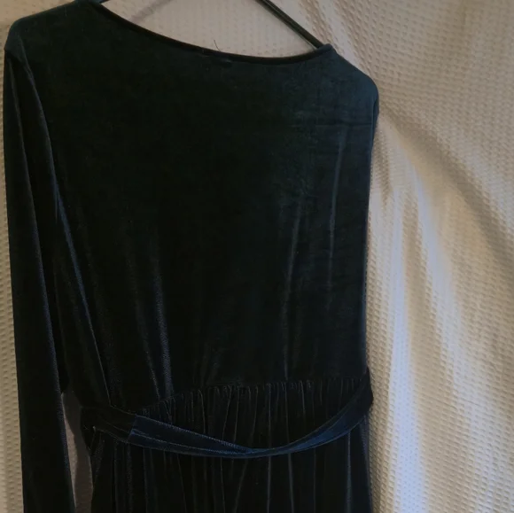 Zattcas Elegant Velvet Velour Dark GREEN Long Sleeve Maxi Dress Belt Pockets XXL - Picture 3 of 5